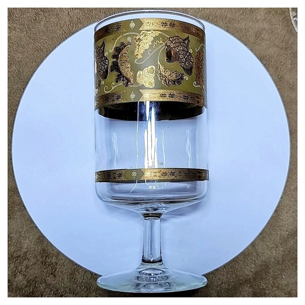 Vintage Cera Green Gold Oak Leaf Acorn Footed Glass Goblet MCM Barware Set Vera